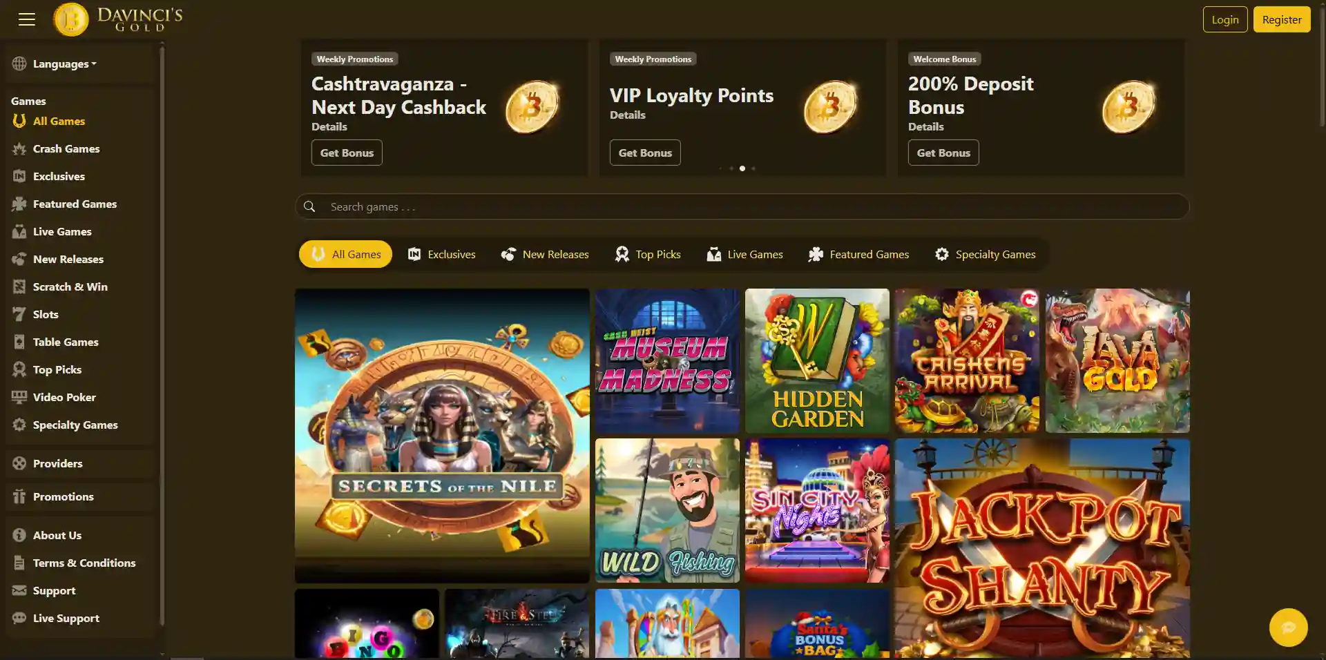 DaVinci's Gold homepage showing casino games and promotion headings