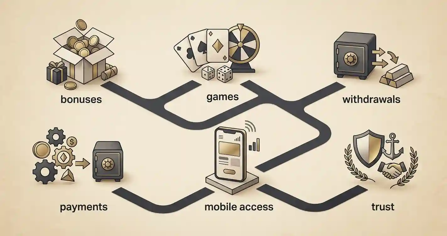 Editorial decision path linking casino bonus, games, payments, withdrawals, mobile and trust topics